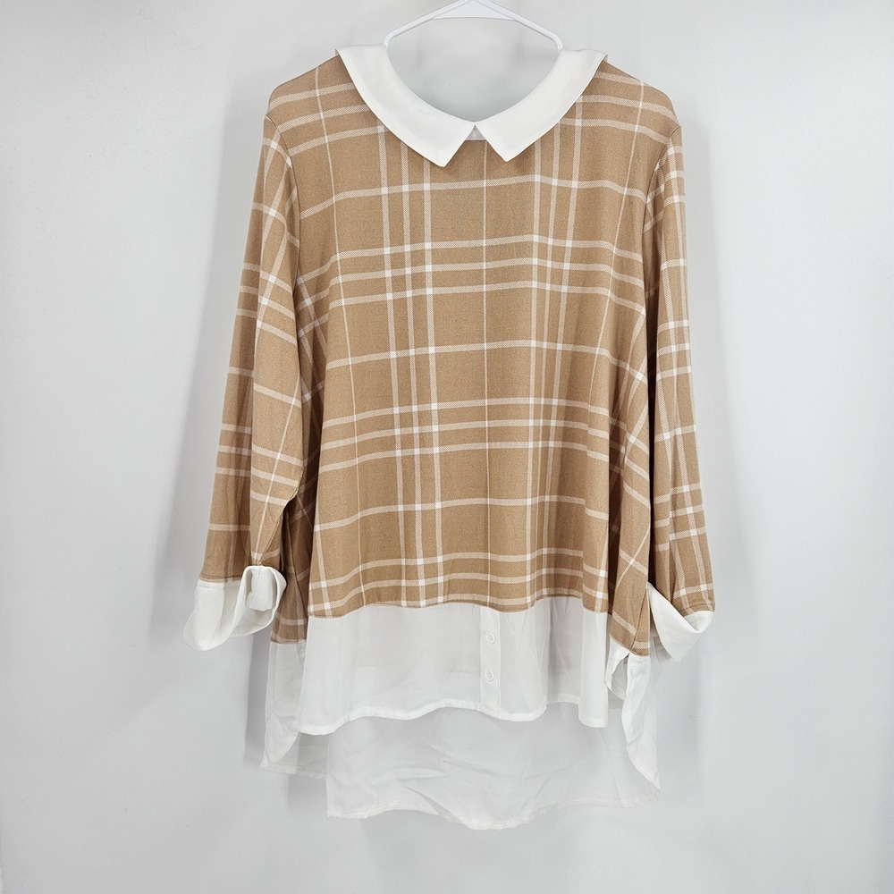 Cocomo Womens Tunic Shirt Top Tan White Plaid Peter Pan Collar Layered NWT Sz 2X